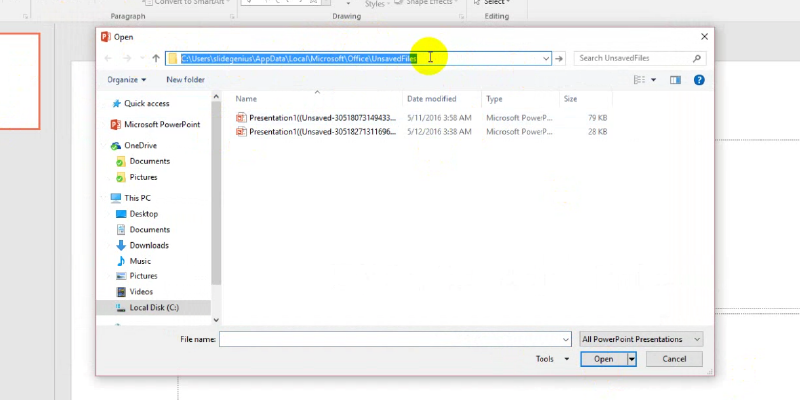 recover your unsaved file in PowerPoint 2013: label