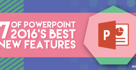 A colorful banner featuring text "7 of PowerPoint 2016’s Best New Features." The background comprises a mix of green diagonal stripes, pink, and blue polygons. On the right is the PowerPoint 2016 logo within a pink hexagon. The logo of "SlideStore" is at the bottom right.