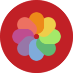 A circular emblem with a red background features an overlapping multi-colored flower design in the center, consisting of seven interconnected petals in various colors: red, orange, yellow, green, cyan, purple, and pink. This vibrant design could enhance any presentation using free PowerPoint templates.