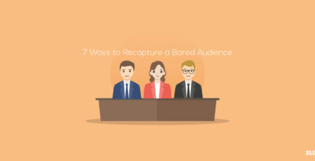 An illustration of three people sitting at a table. The text above them reads "7 Ways to Recapture an Audience." The background is a light orange color, and a "SlideStore" logo is in the bottom right corner.