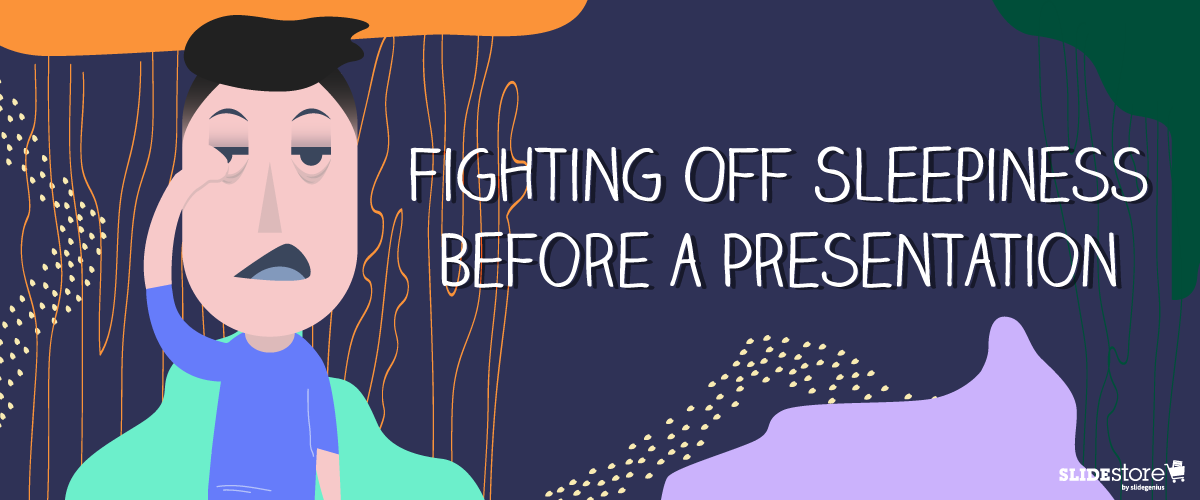 An illustration of a tired person rubbing their eye, with abstract colorful background elements. The text beside them reads, "Fighting off sleepiness before a presentation." The image includes the SlideStore PH logo at the bottom right corner.