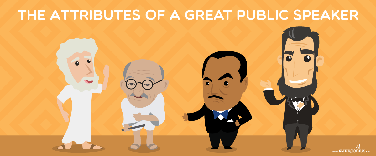 Illustration of four caricatured public speakers under the title "The Attributes of a Great Public Speaker." The figures include a philosopher in robes, a bald individual in glasses and a shawl, a man in a suit with a mustache, and a bearded figure in formal wear.