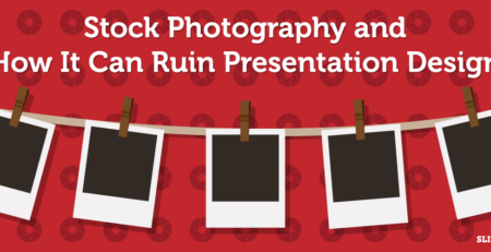 A red background image with white and black lettering that reads "Stock Photography and How It Can Ruin Presentation Design." Below the text, five blank polaroid photos hang on a clothesline. The image is branded with the "SlideStore" logo in the bottom right corner.