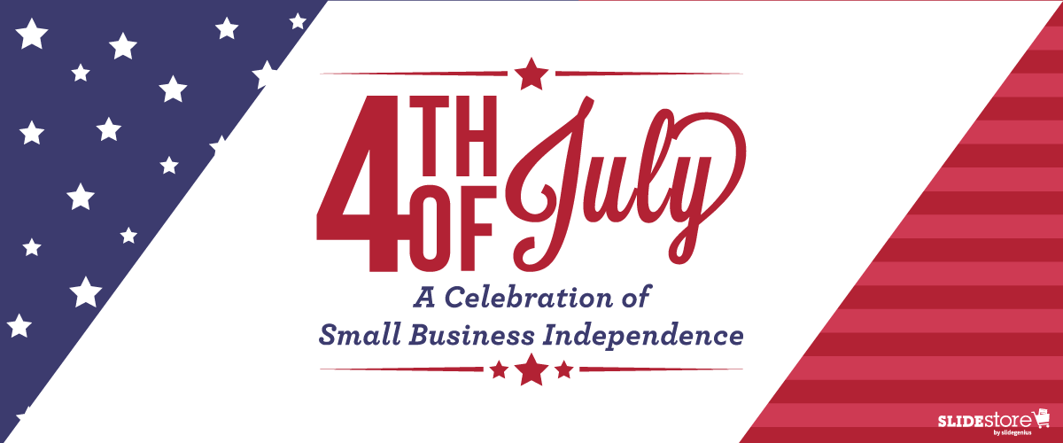 A graphic with the text "4th of July: Celebrating Small Business Independence" in the center. The left side features a blue field with white stars, while the right side showcases red and white stripes. The logo "SlideStore by DesignCrowd" is in the bottom right corner.