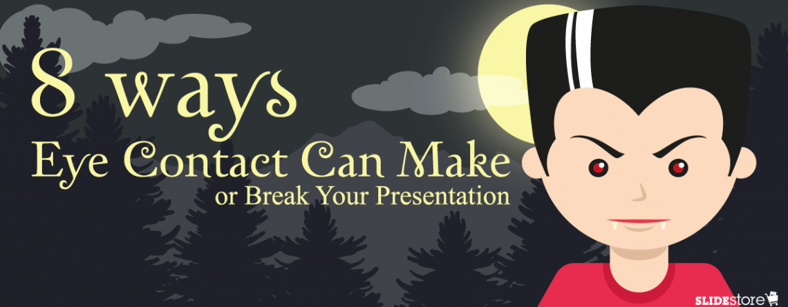 A cartoon illustration features the text "8 Ways Eye Contact Can Make or Break Your Presentation." It shows a character with red eyes, dark hair with a white streak, and a red shirt, against a moonlit forest background. The image promotes a SlideStore presentation.