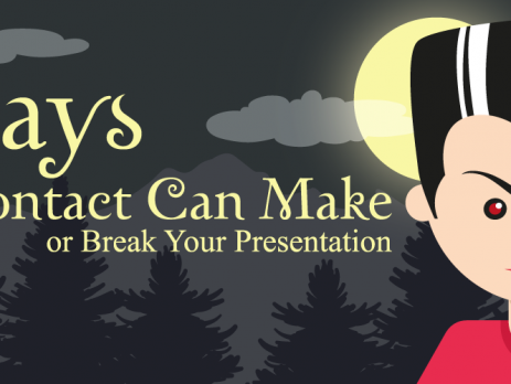 A cartoon illustration features the text "8 Ways Eye Contact Can Make or Break Your Presentation." It shows a character with red eyes, dark hair with a white streak, and a red shirt, against a moonlit forest background. The image promotes a SlideStore presentation.