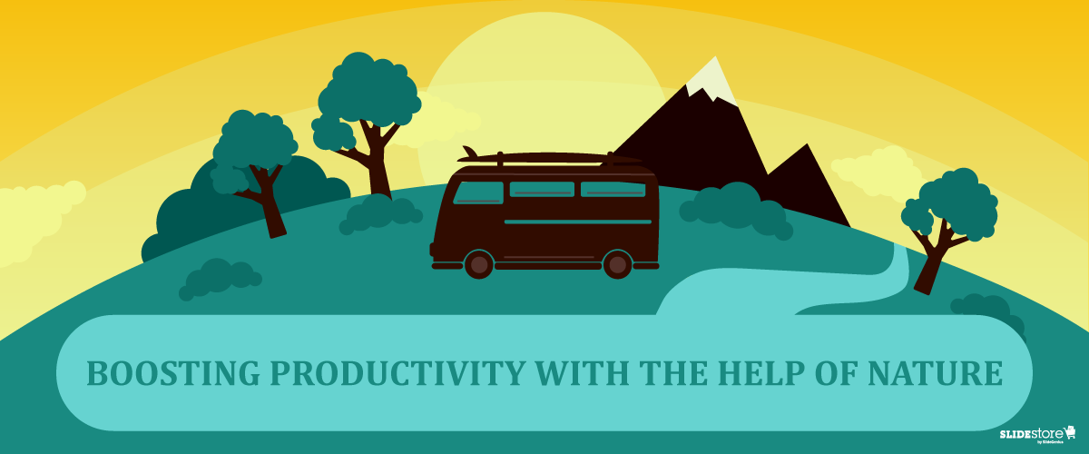 An illustration of a sunset behind mountains with trees on a hill. A parked van with a surfboard on top is in the foreground. Below, there's text that reads, "BOOSTING PRODUCTIVITY WITH THE HELP OF NATURE," and the Sunshine logo in the bottom right corner.