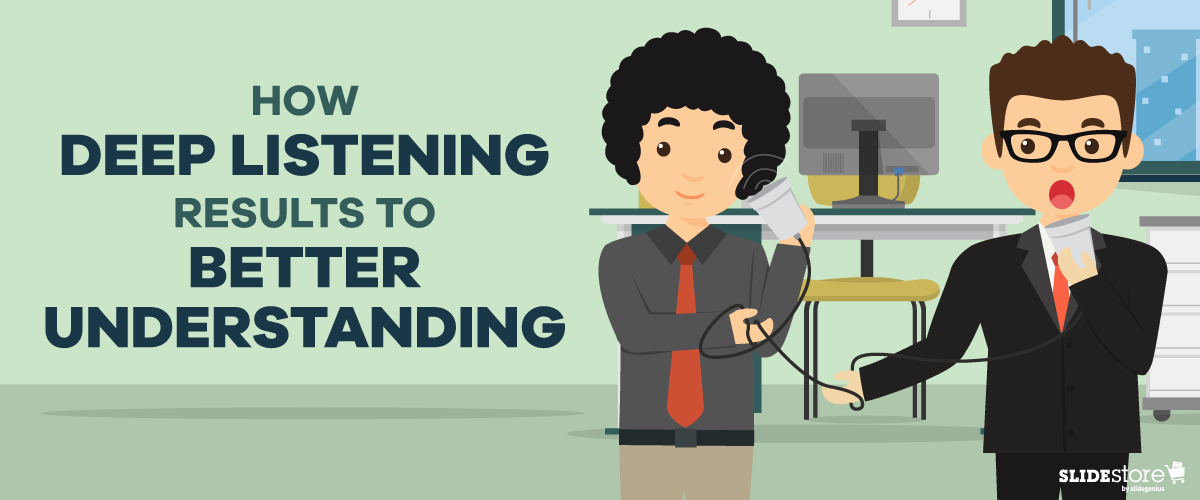 Illustration of two people using tin can telephones, emphasizing deep listening. The text reads "How Deep Listening Results in Better Understanding." The background shows a computer and window. SlideStore logo is in the bottom right corner.